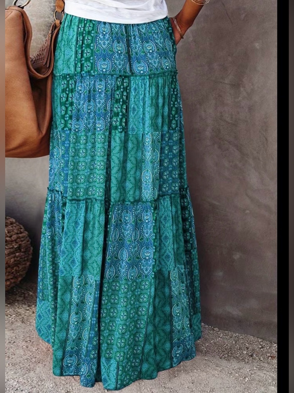 Boho Tiered Maxi Skirt in Teal & Aqua